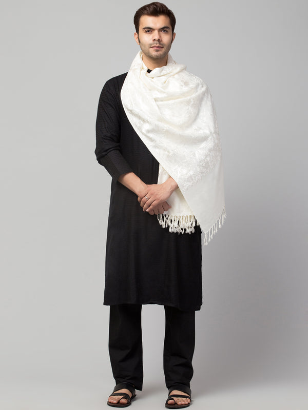 Blended Wool White on White Aari Embroidery Stole