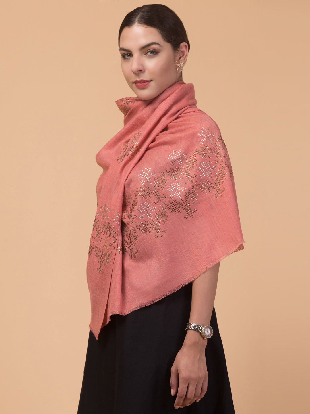Crystal /Stone Booti Work Fine Wool Stole - Peach