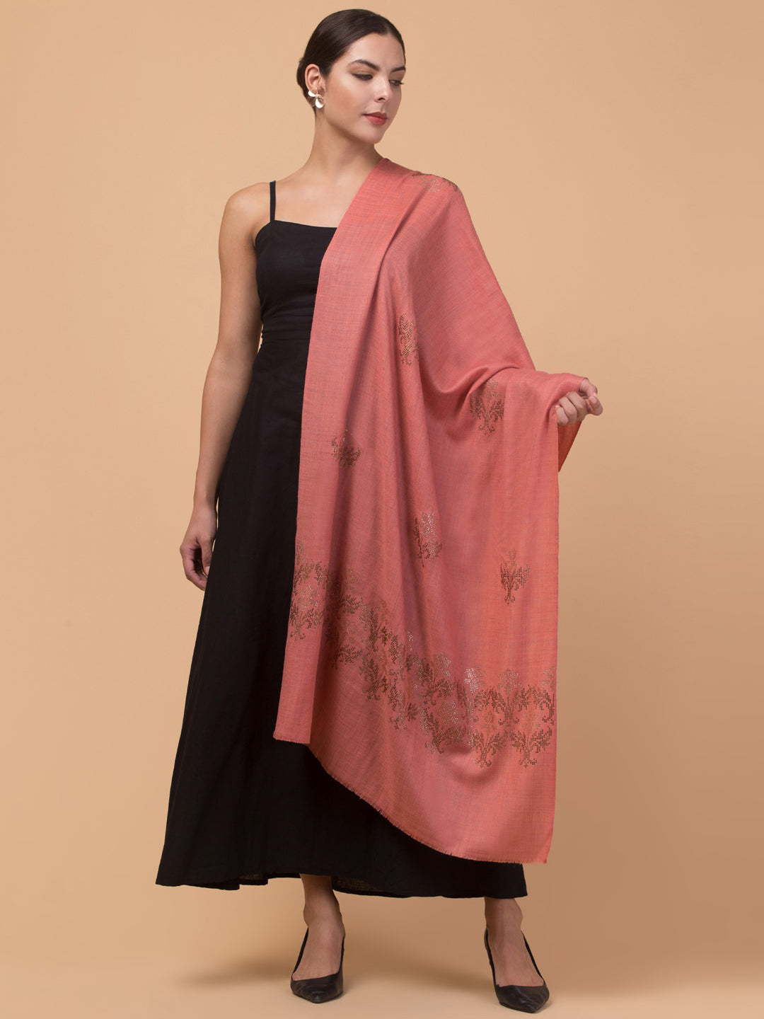 Crystal /Stone Booti Work Fine Wool Stole - Peach