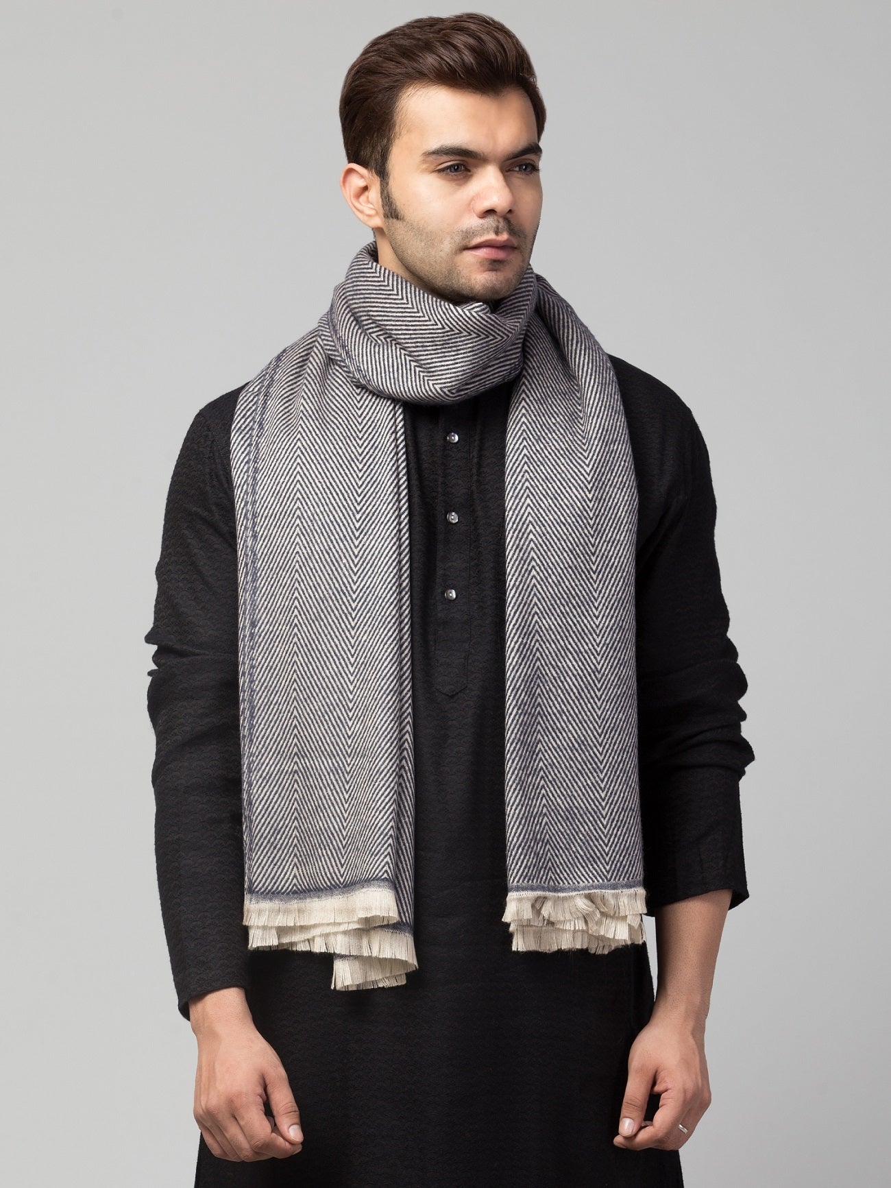 Tweedle Heringbone Design Super Soft Woolen Stole / Scarf for Men - Grey (28 x 80 inches)