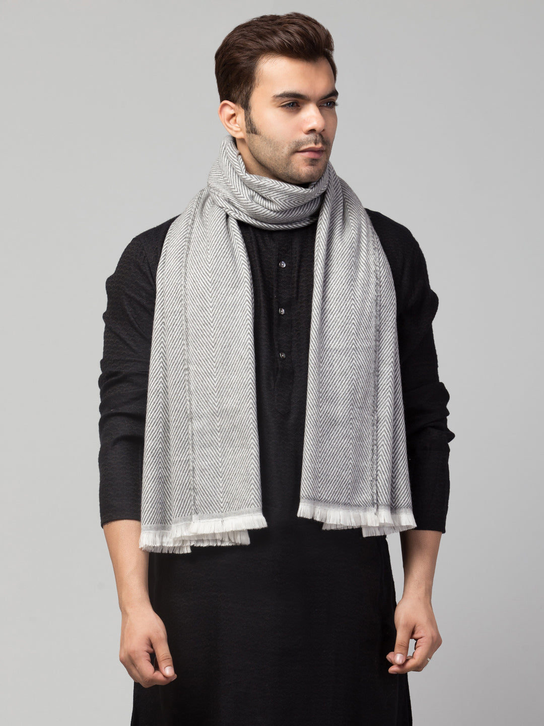 Tweedle Heringbone Design Super Soft Woolen Stole / Scarf for Men - Off-White (28 x 80 inches)