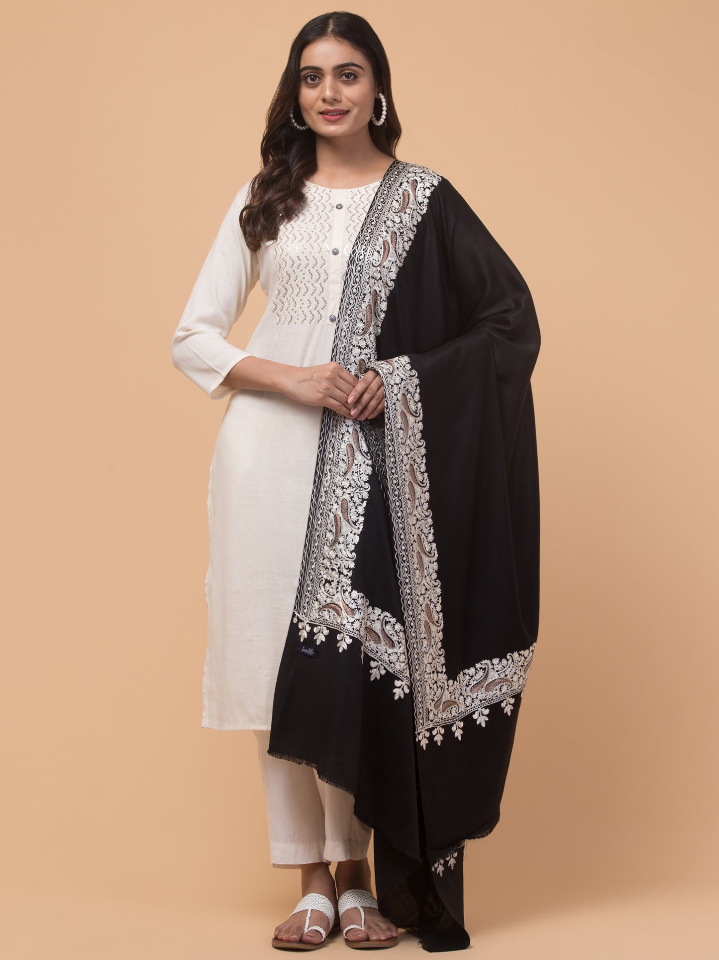 tweedle Kashmiri Aari Embroidery Shawl for Women - Black (40 x 80 inches)