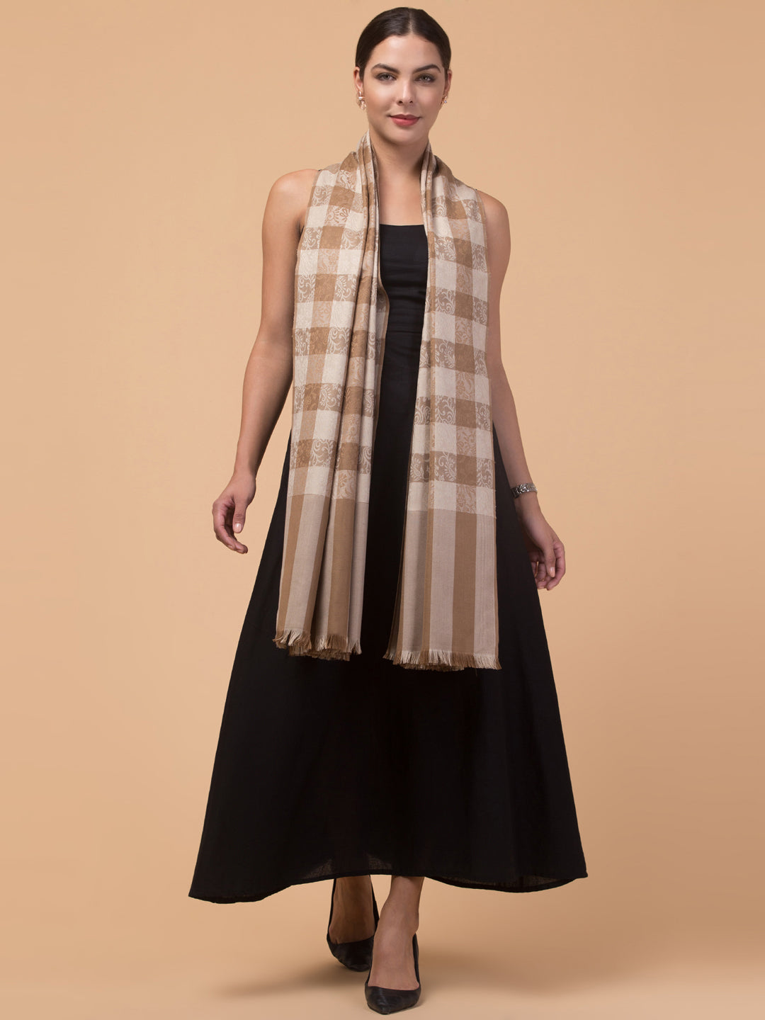 Reversible, Check Design, Woven Shawl - Beige