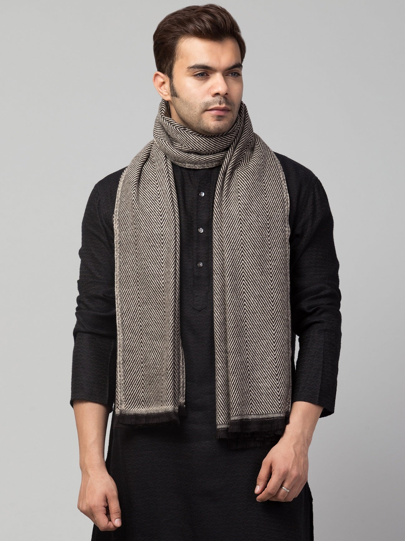 Tweedle Heringbone Design Super Soft Woolen Stole / Scarf for Men - Black (28 x 80 inches)