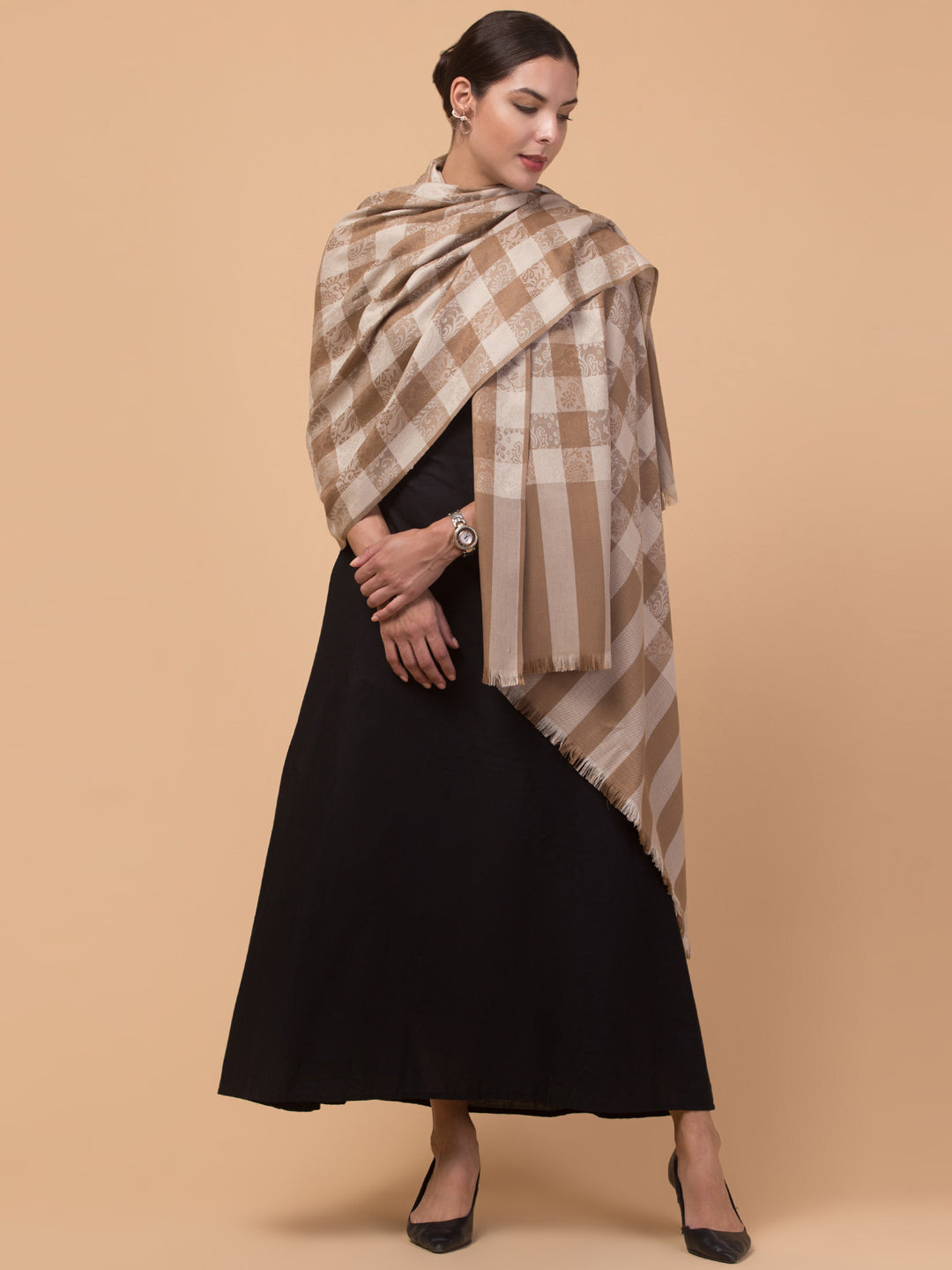 Reversible, Check Design, Woven Shawl - Beige