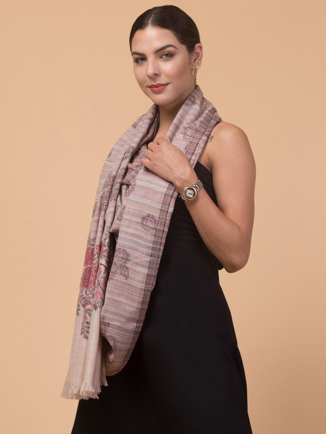Fine Wool Ethnic Shawl with Rose & Stripes Fusion Design - Off White