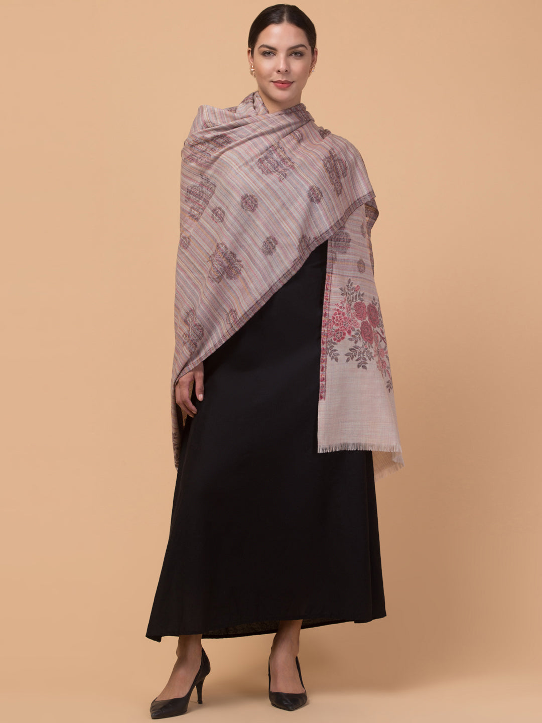 Fine Wool Ethnic Shawl with Rose & Stripes Fusion Design - Off White