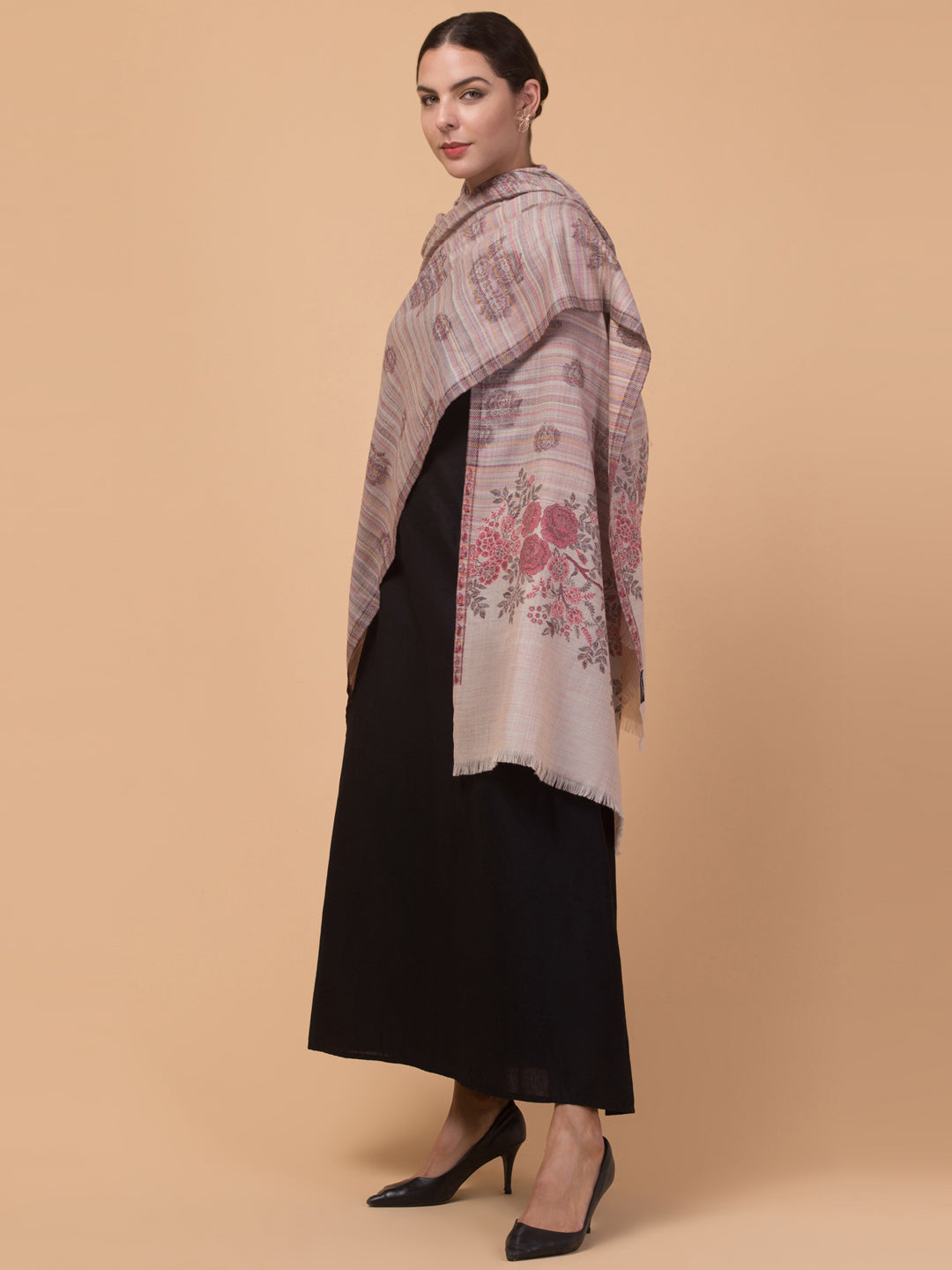 Fine Wool Ethnic Shawl with Rose & Stripes Fusion Design - Off White