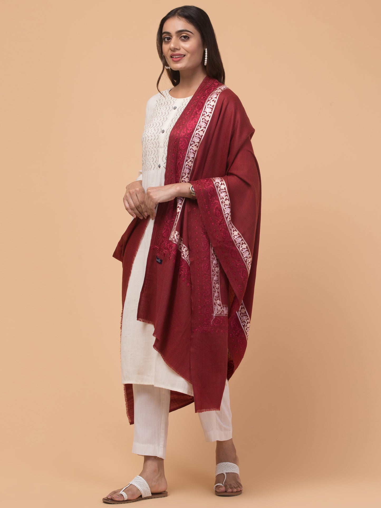 Tweedle Fine Wool Embroidered Stole for Women - Maroon, Size -28x80