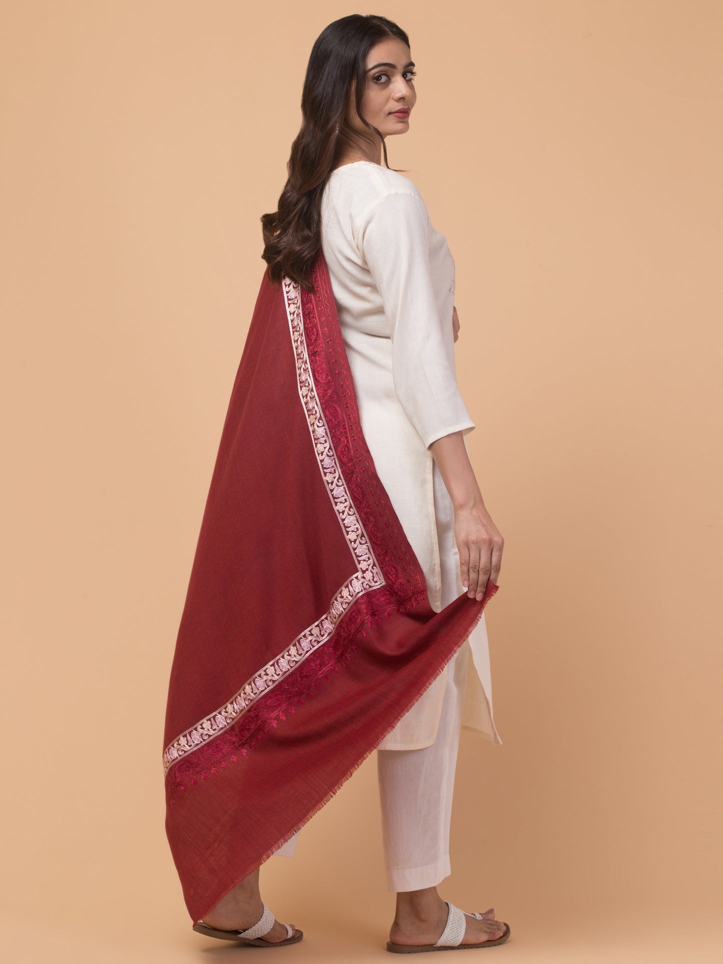 Tweedle Fine Wool Embroidered Stole for Women - Maroon, Size -28x80