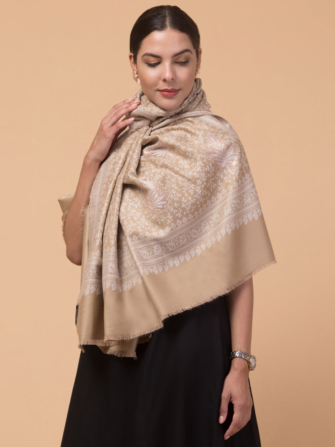 Zari Work Paisley Design Shawl - Beige