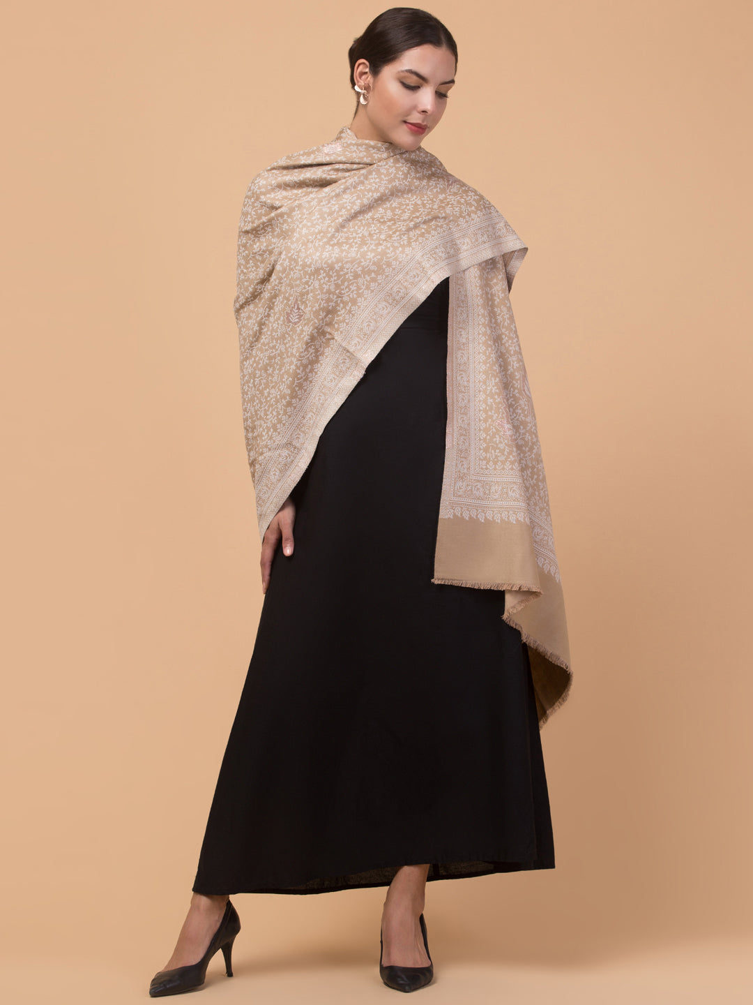 Zari Work Paisley Design Shawl - Beige
