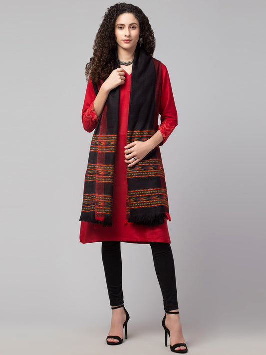 Ethnic Kullu Shawl for Women, Traditional Himachali Design with Tribal Motifs - Black (Size -40x80)