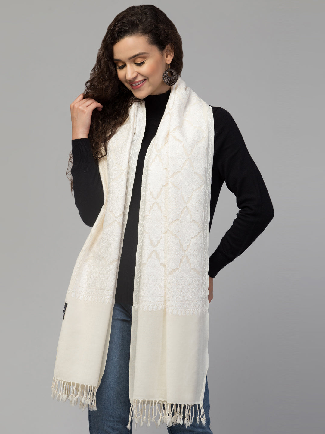 Tweedle Kashmiri Aari Embroidery Stole/ Shawl for Women, Fine Wool, Ethnic Pashmina Feel, Tone to Tone Plain scarf for Winters - Off-White