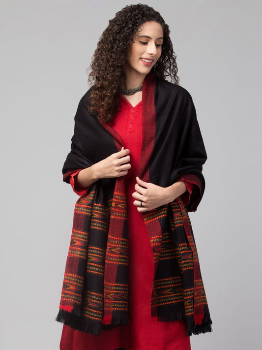 Ethnic Kullu Shawl for Women, Traditional Himachali Design with Tribal Motifs - Black (Size -40x80)