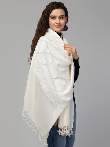 Tweedle Kashmiri Aari Embroidery Stole/ Shawl for Women, Fine Wool, Ethnic Pashmina Feel, Tone to Tone Plain scarf for Winters - Off-White