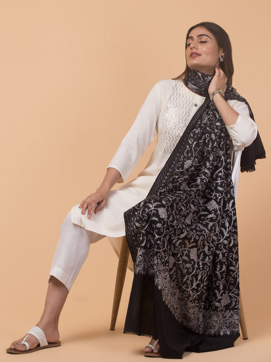 tweedle Kashmiri Aari Embroidery Shawl for Women - Black (40 x 80 inches)