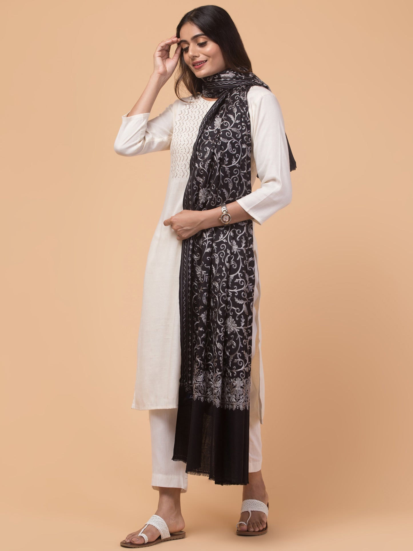 tweedle Kashmiri Aari Embroidery Shawl for Women - Black (40 x 80 inches)