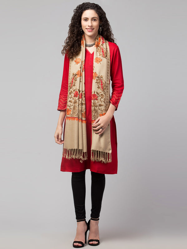 Blended Wool Floral Pattern Aari Embroidery Stole - Beige