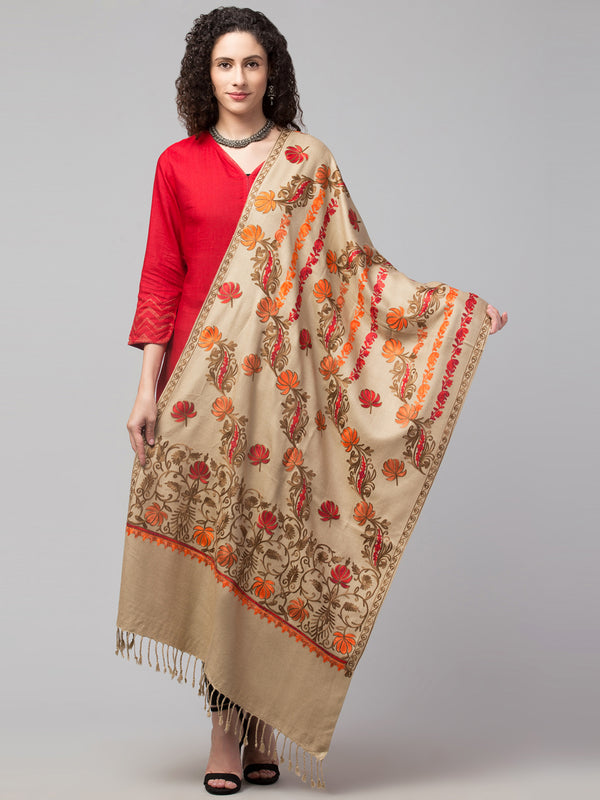 Blended Wool Floral Pattern Aari Embroidery Stole - Beige