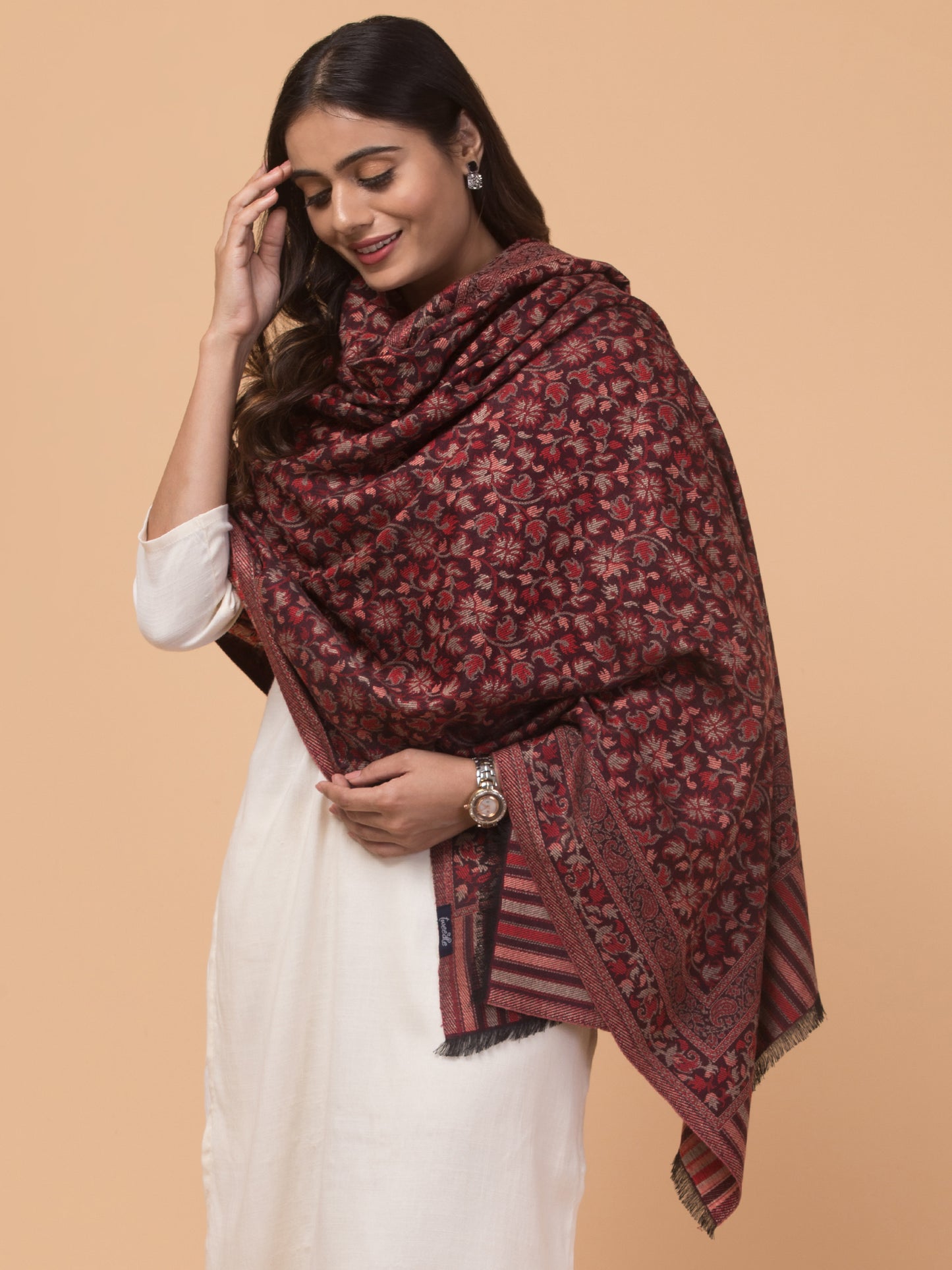 Ethnic Kashmiri Kani Design, Faux Pashmina Shawl - Wine