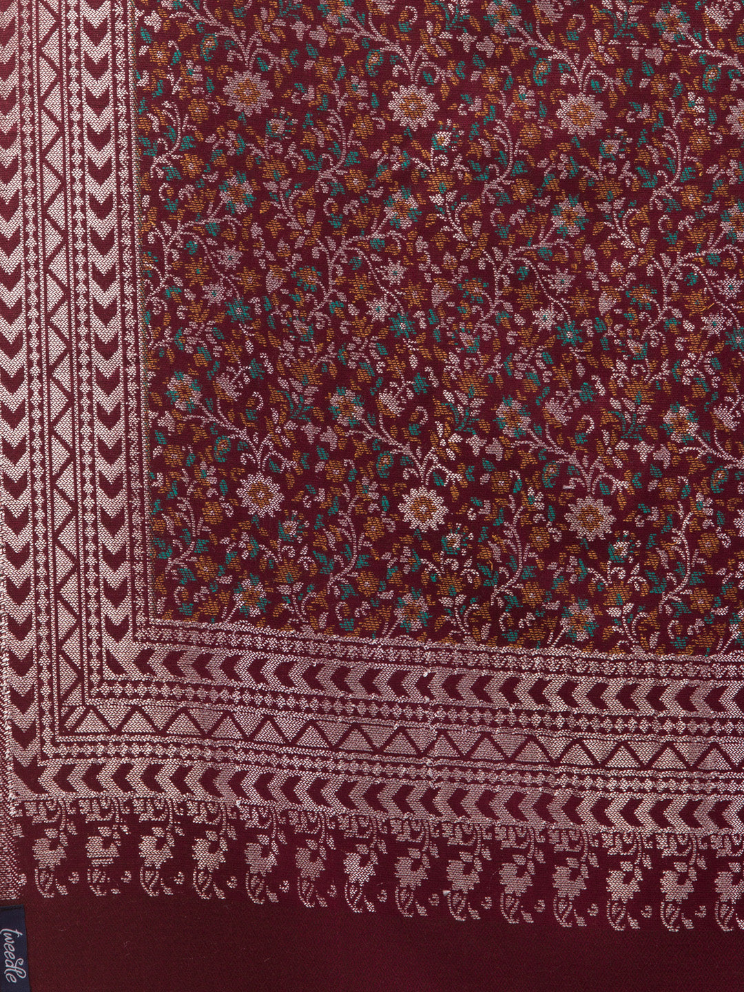 Floral Design Stole with Geometric Zari Border - Wine