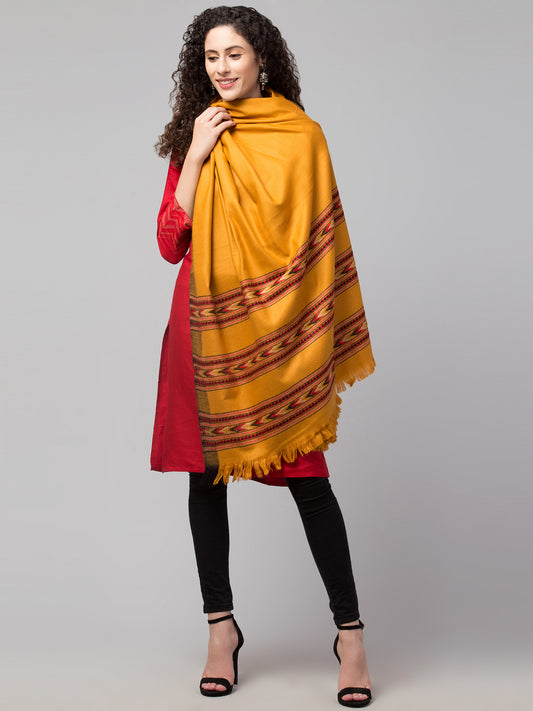 Ethnic Kullu Shawl for Women, Traditional Himachali Design with Tribal Motifs - Yellow (Size -40x80)