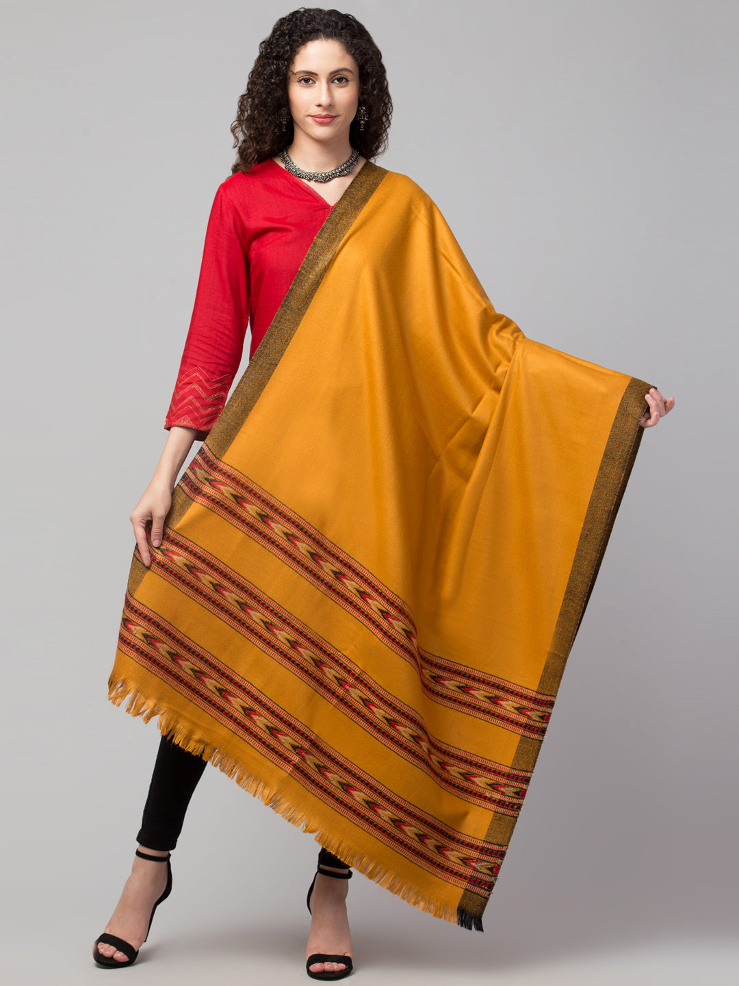 Ethnic Kullu Shawl for Women, Traditional Himachali Design with Tribal Motifs - Yellow (Size -40x80)