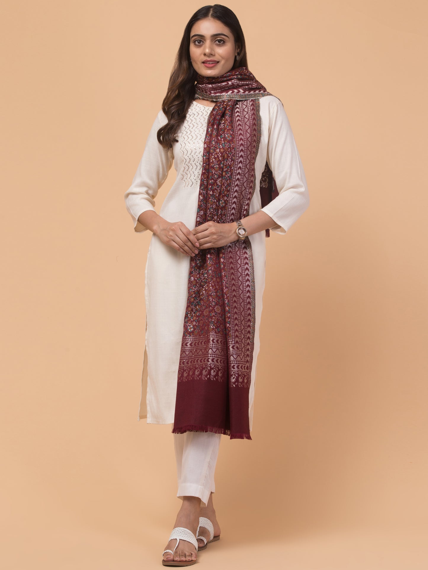 Floral Design Stole with Geometric Zari Border - Wine