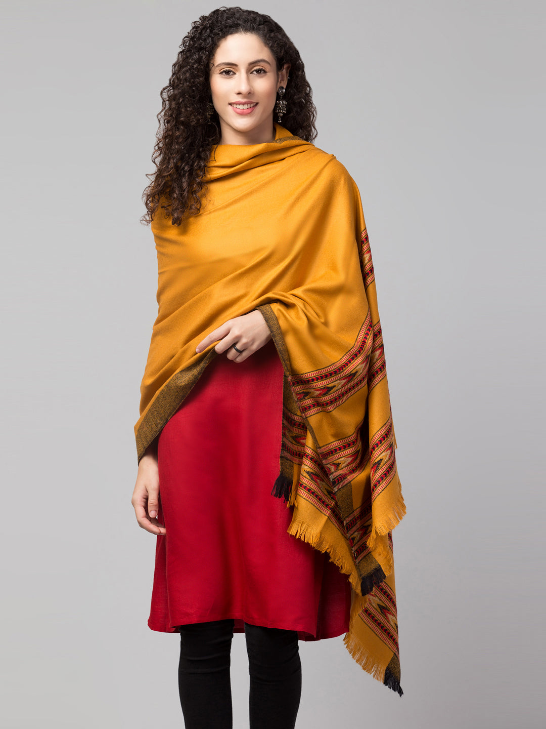 Ethnic Kullu Shawl for Women, Traditional Himachali Design with Tribal Motifs - Yellow (Size -40x80)