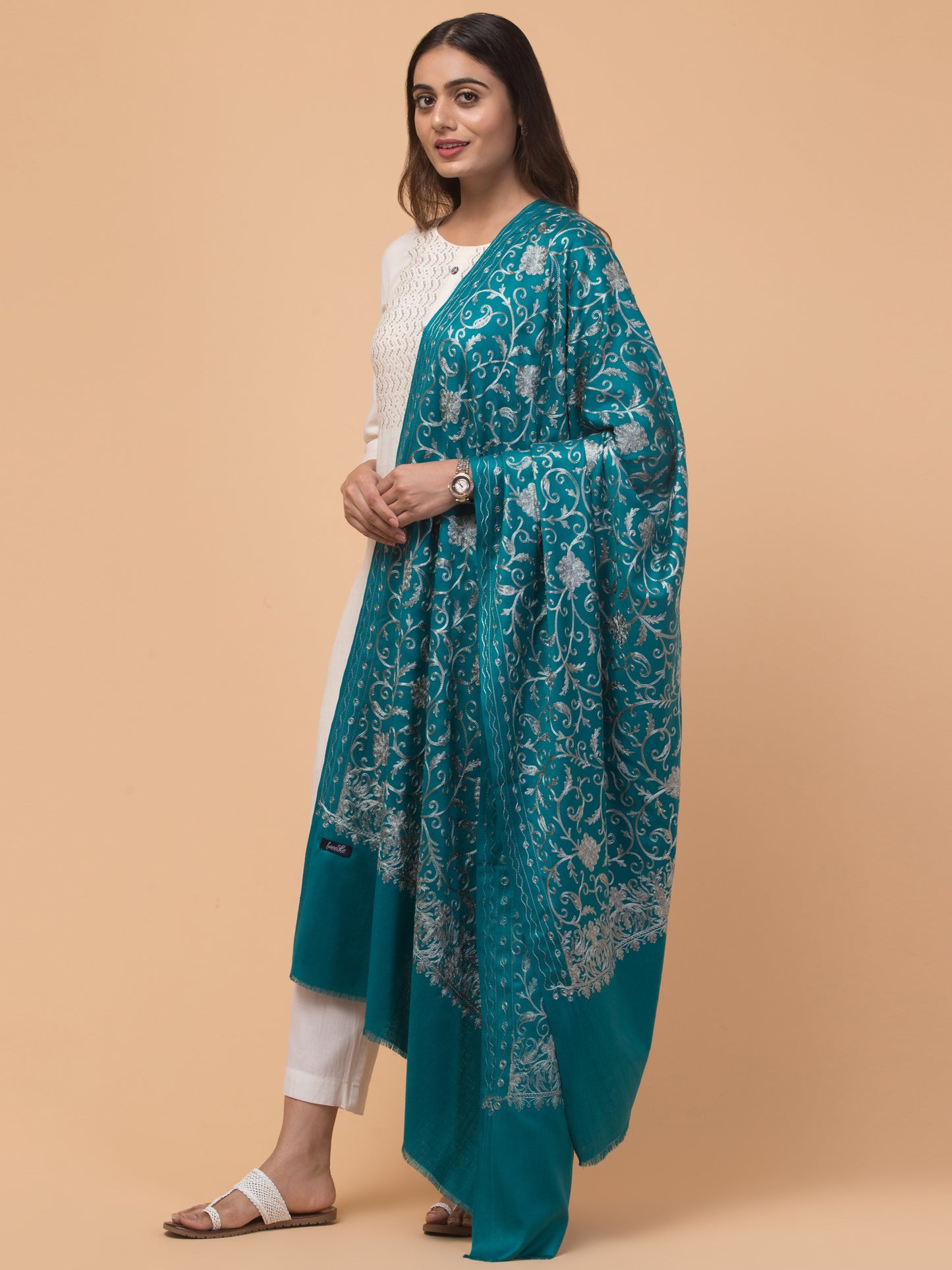 tweedle Kashmiri Aari Embroidery Shawl for Women - Turquoise (40 x 80 inches)