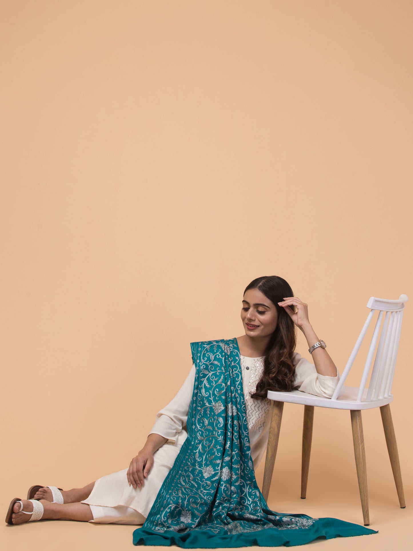 tweedle Kashmiri Aari Embroidery Shawl for Women - Turquoise (40 x 80 inches)