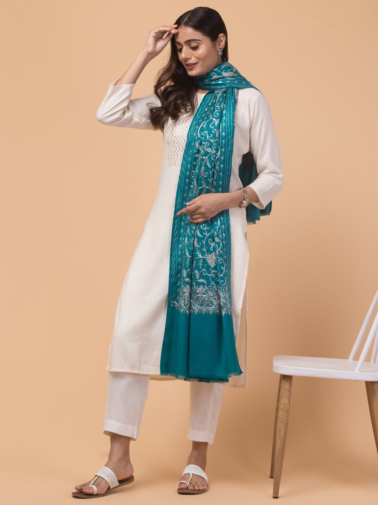 tweedle Kashmiri Aari Embroidery Shawl for Women - Turquoise (40 x 80 inches)