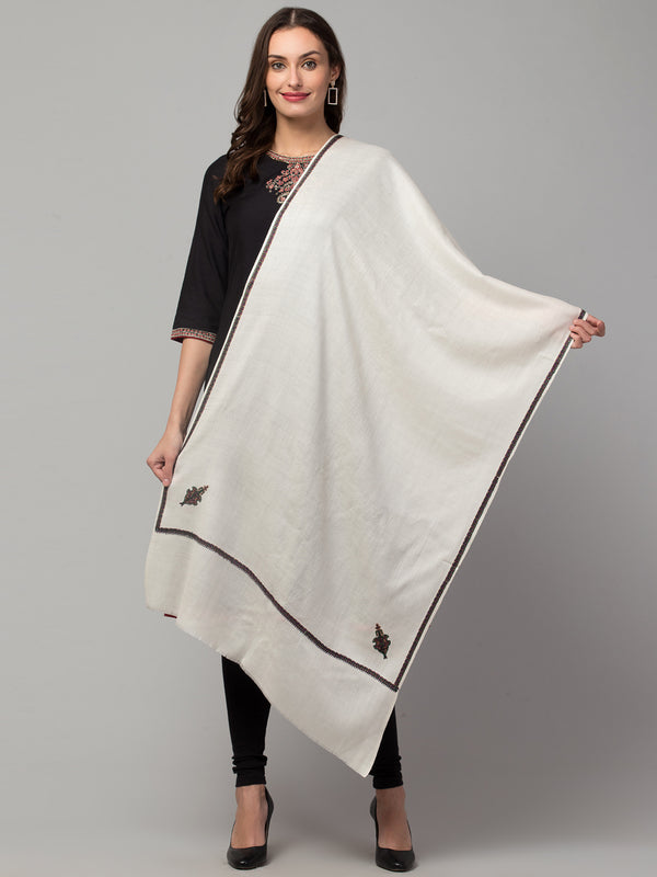 Fine Wool Plain Traditional Kingri Stole with Hand Embroidery Border - White