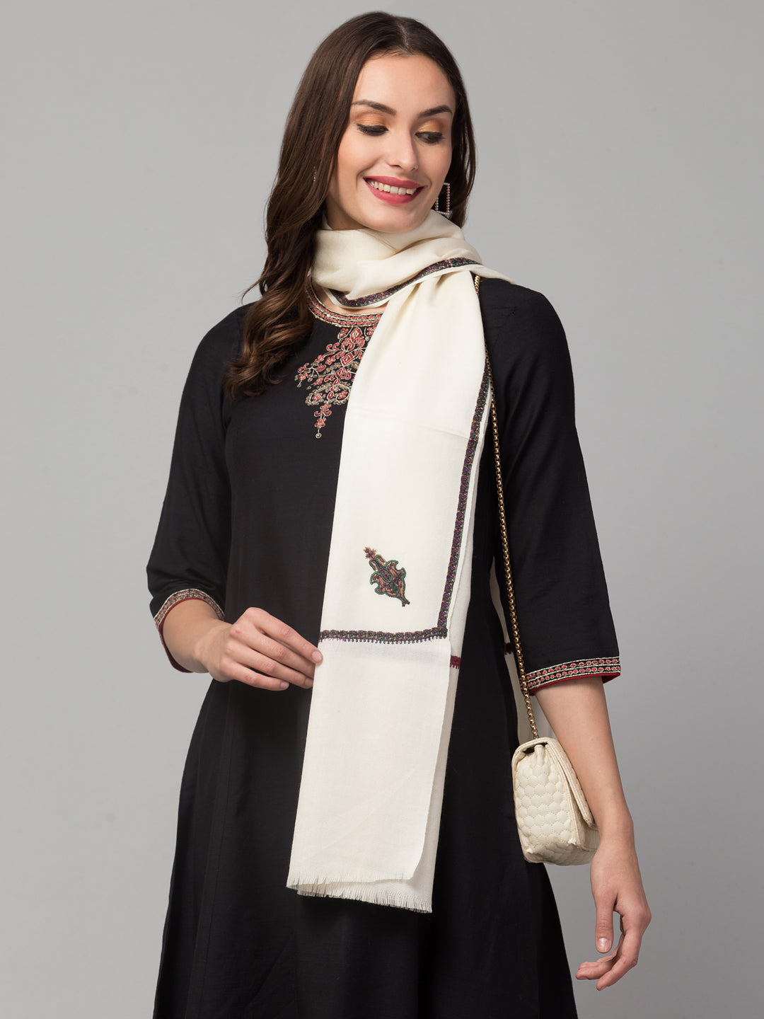 Fine Wool Plain Traditional Kingri Stole with Hand Embroidery Border - White