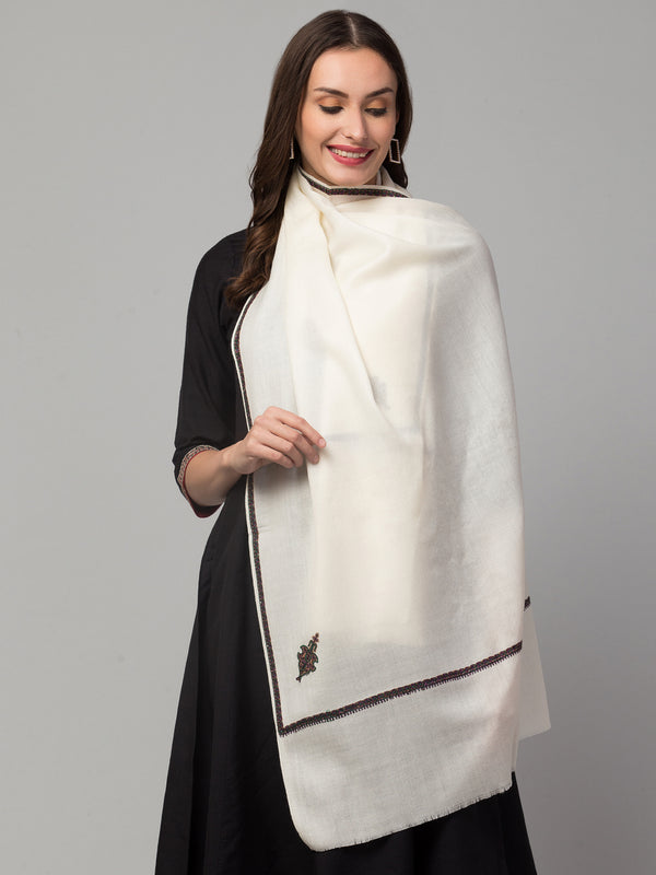 Fine Wool Plain Traditional Kingri Stole with Hand Embroidery Border - White