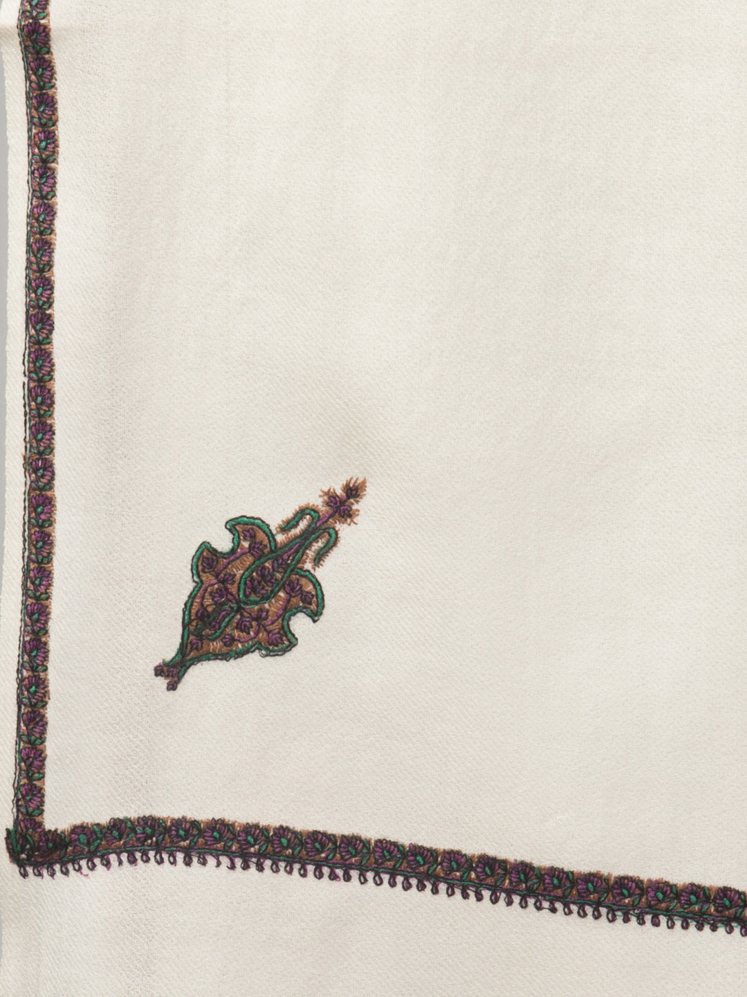 Fine Wool Plain Traditional Kingri Stole with Hand Embroidery Border - White
