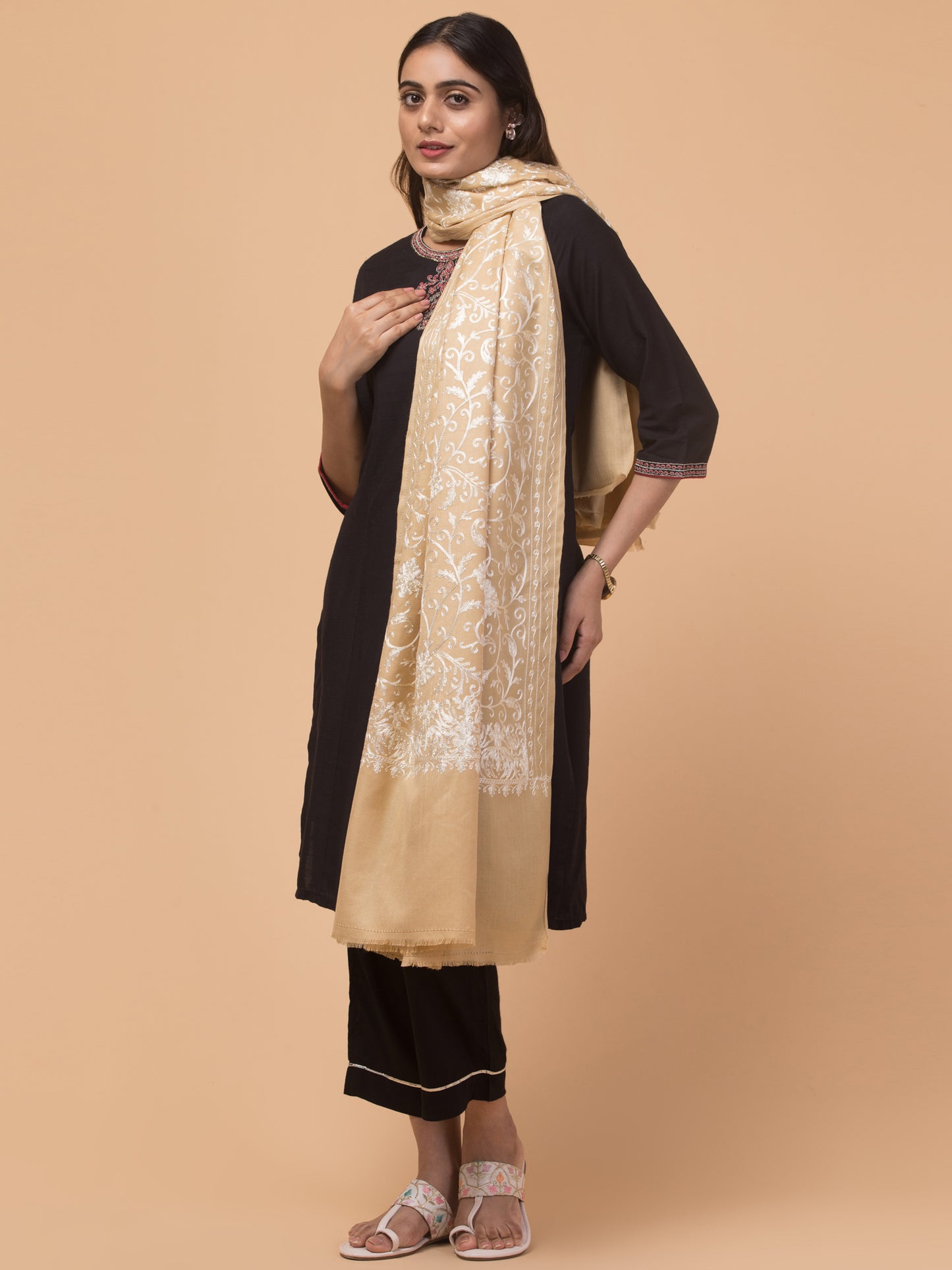 tweedle Kashmiri Aari Embroidery Shawl  for Women - Beige (40 x 80 inches)