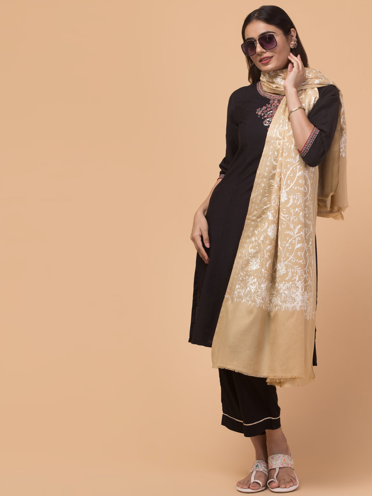 tweedle Kashmiri Aari Embroidery Shawl  for Women - Beige (40 x 80 inches)