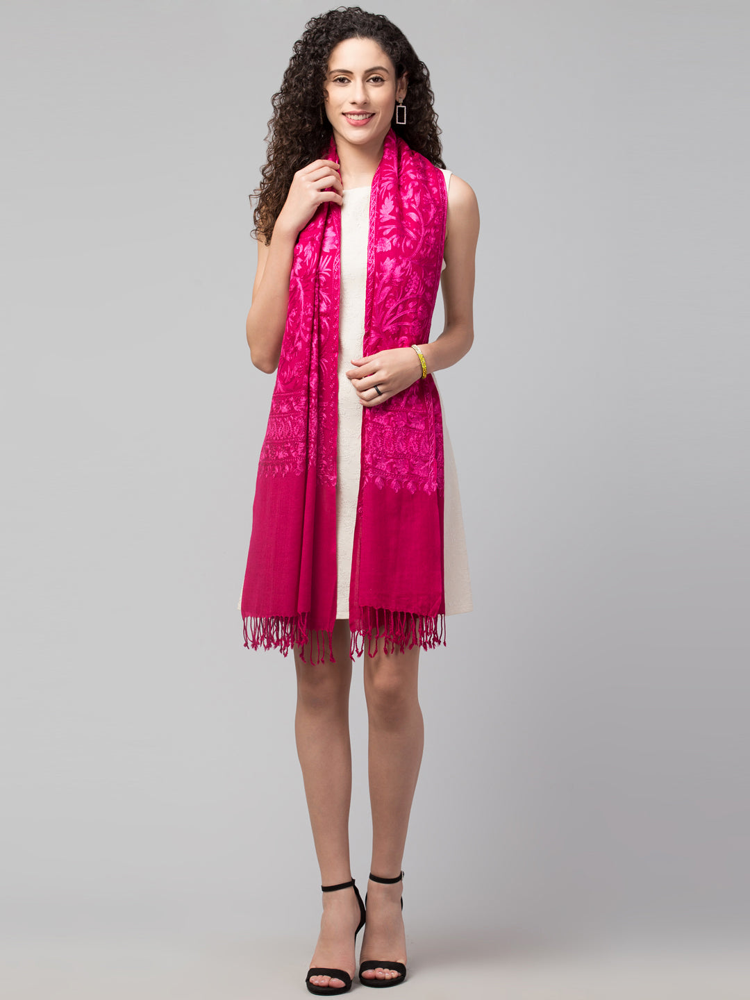 tweedle Women's Fine Wool Tone to Tone  Kashmiri Embroidery Stole - Rose