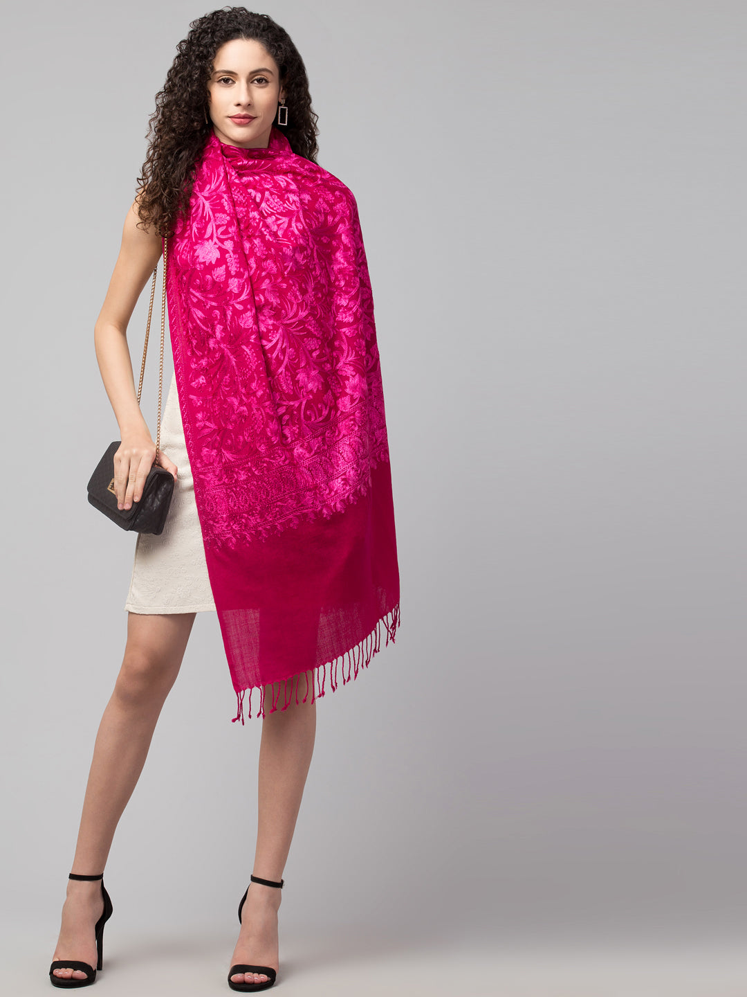 tweedle Women's Fine Wool Tone to Tone  Kashmiri Embroidery Stole - Rose