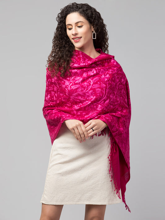 tweedle Women's Fine Wool Tone to Tone  Kashmiri Embroidery Stole - Rose