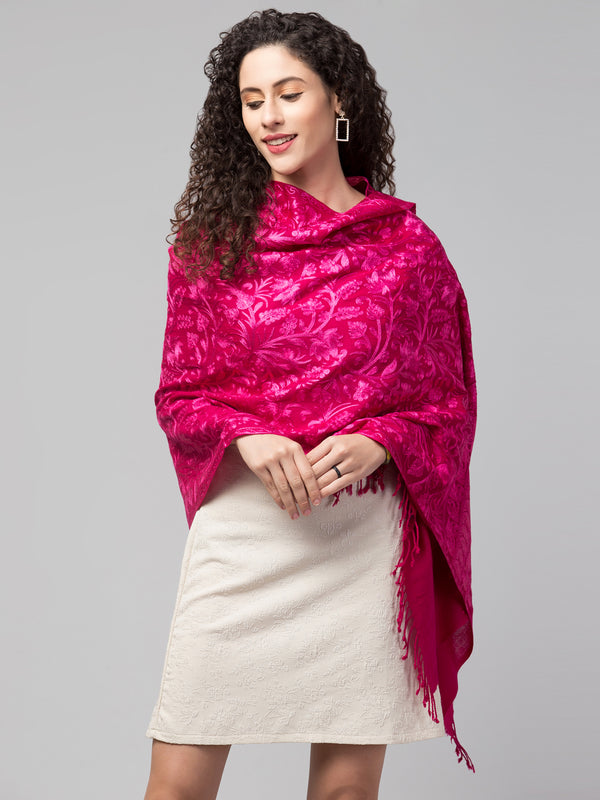 Fine Wool Tone to Tone Silky Thread Kashmiri Embroidery Stole - Rose