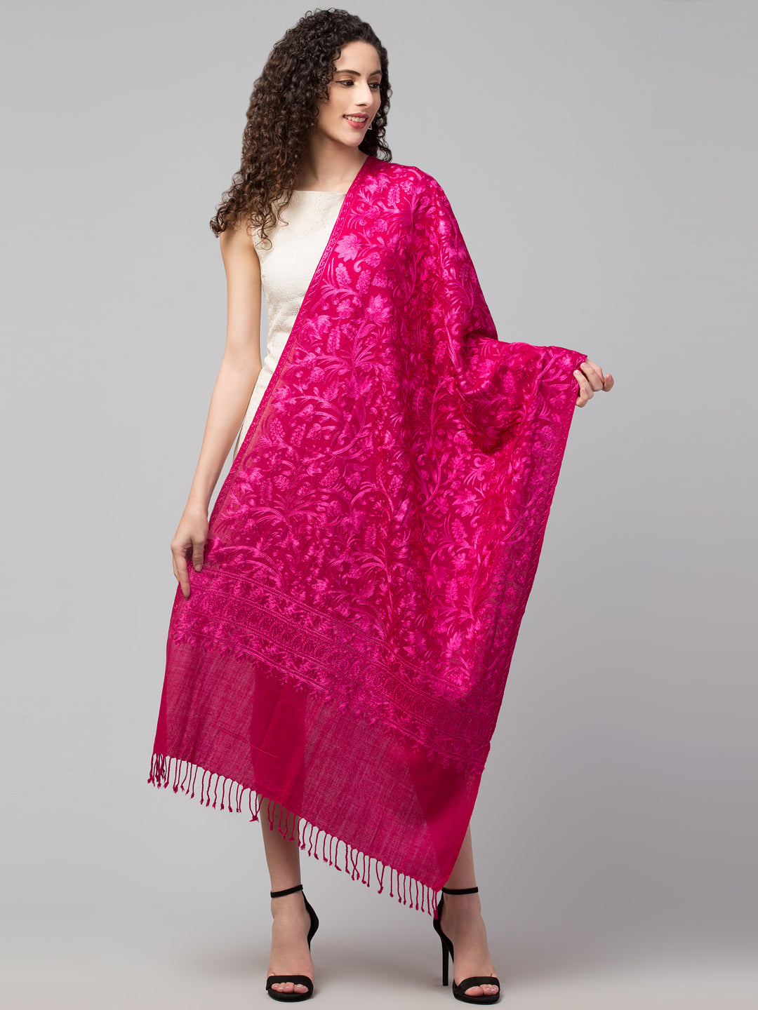 tweedle Women's Fine Wool Tone to Tone  Kashmiri Embroidery Stole - Rose