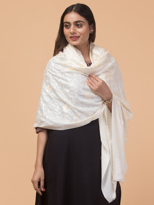 tweedle Kashmiri Aari Embroidery Shawl for Women - Off-White (40 x 80 inches)