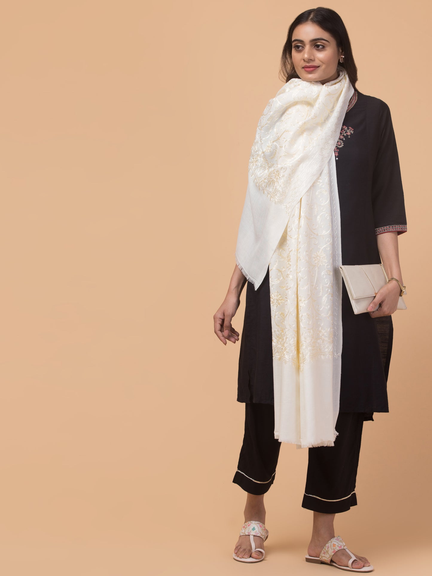 tweedle Kashmiri Aari Embroidery Shawl for Women - Off-White (40 x 80 inches)