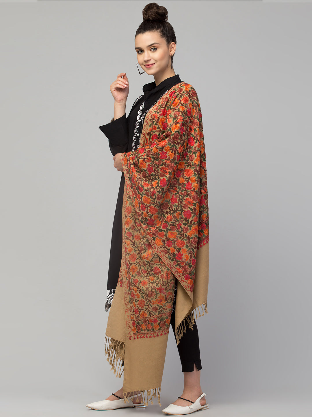 Cashmilon Wool Stole with all over Aari Embroidery - Beige
