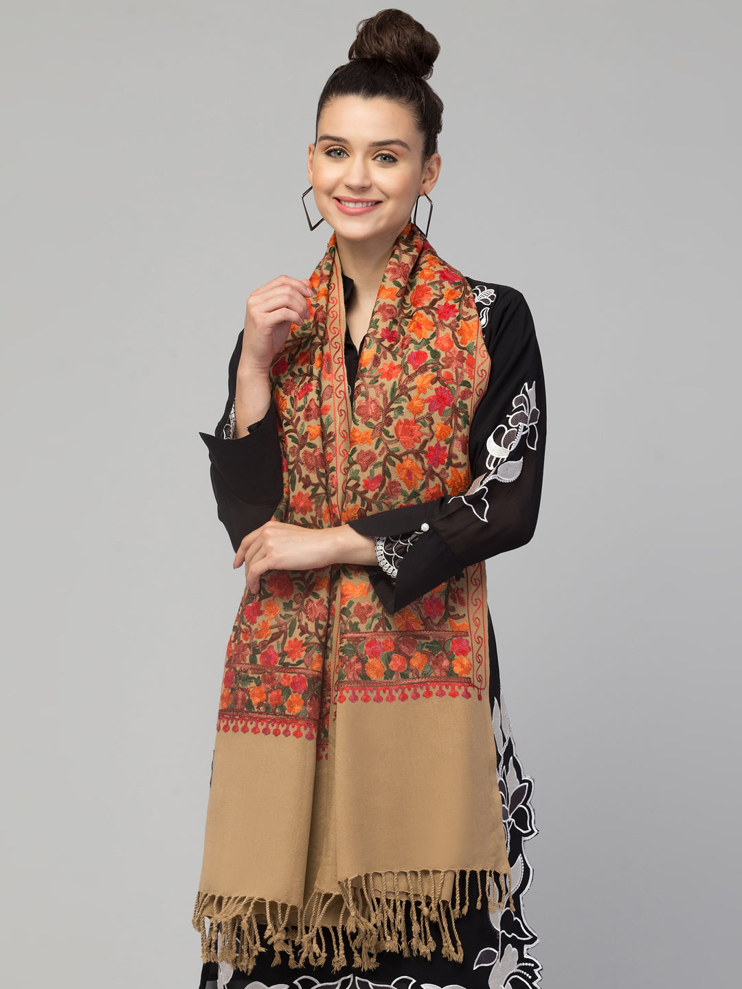 Cashmilon Wool Stole with all over Aari Embroidery - Beige