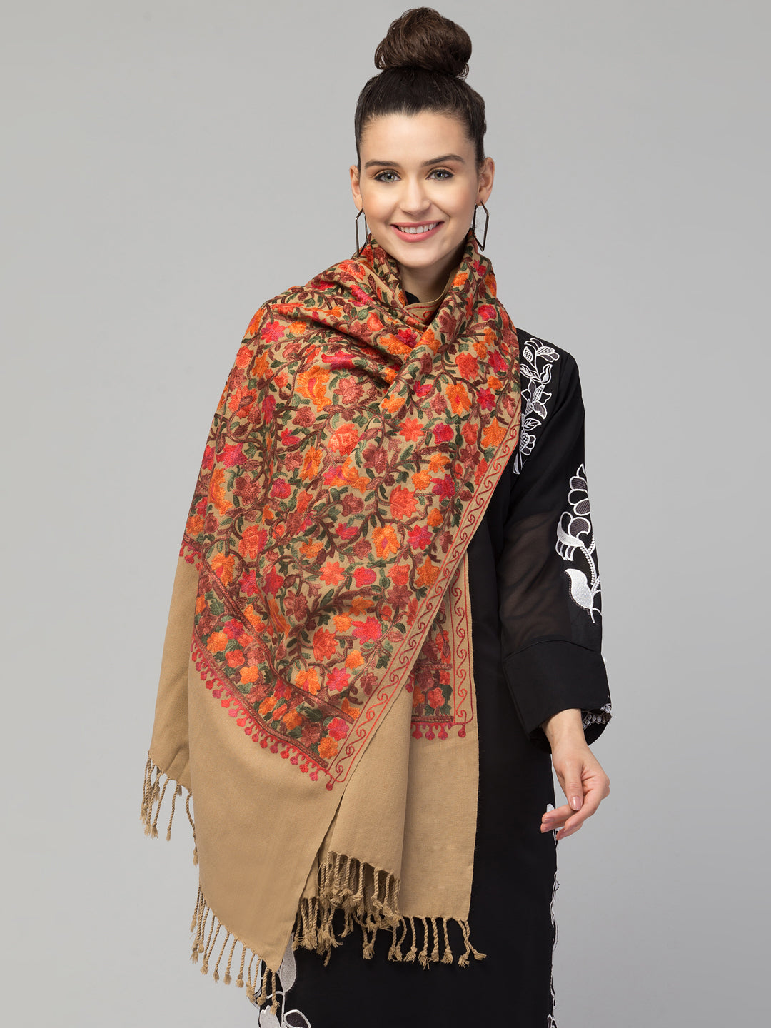 Cashmilon Wool Stole with all over Aari Embroidery - Beige