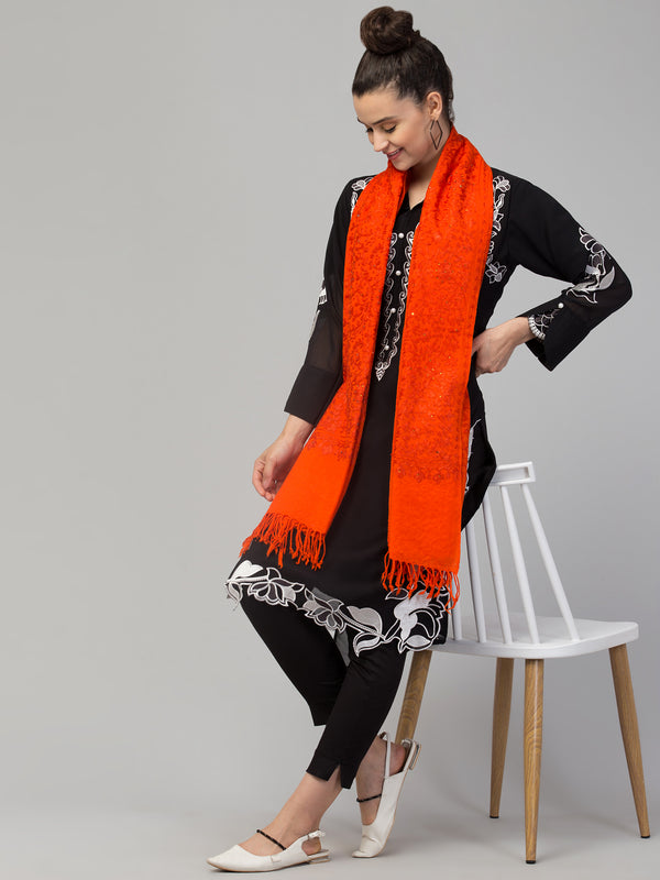 Pure Wool Tone to Tone Kashmiri Embroidery Stole with Stone Work - Orange